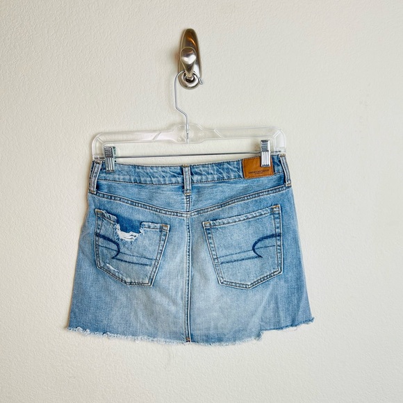 American Eagle High Rise Distressed Denim Crochet Detail Festival Mini Skirt - Picture 4 of 10
